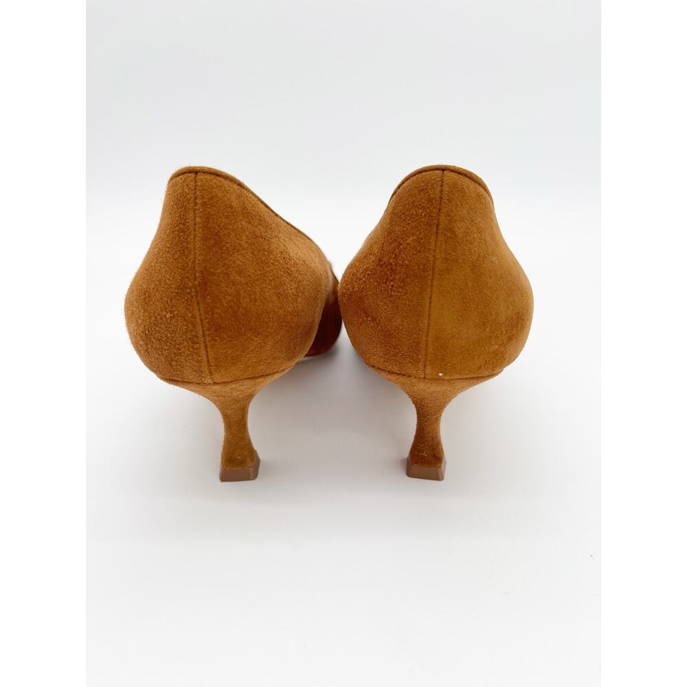 Manolo Blahnik Maysale Camel Tan Suede Buckle Pointed Toe Kitten Heels IT 39.5 - Picture 8 of 11